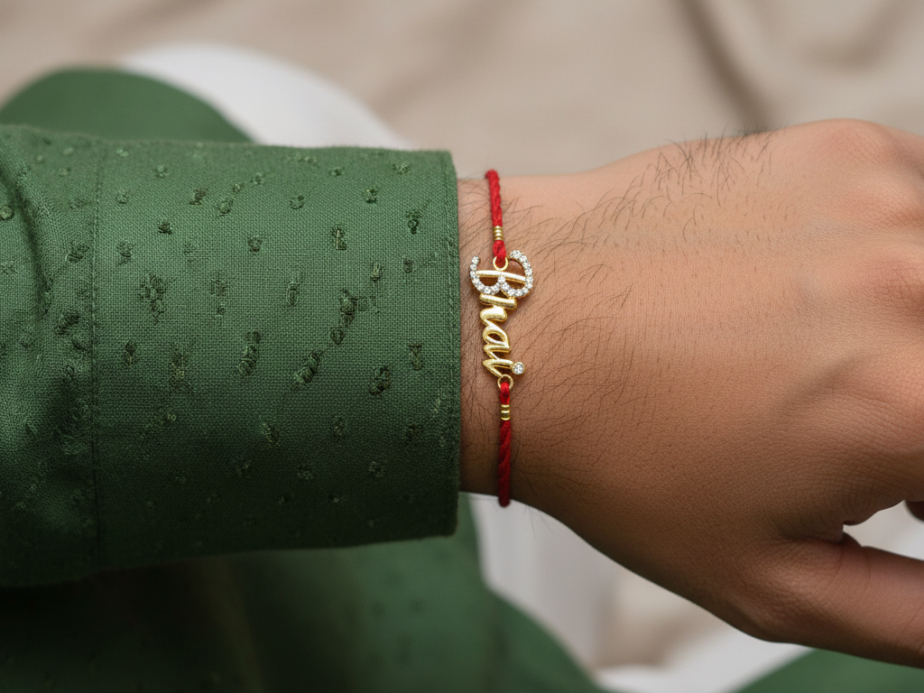 Bhai Design Written Rakhi in Gold-Plated 925 Sterling Silver with CZ