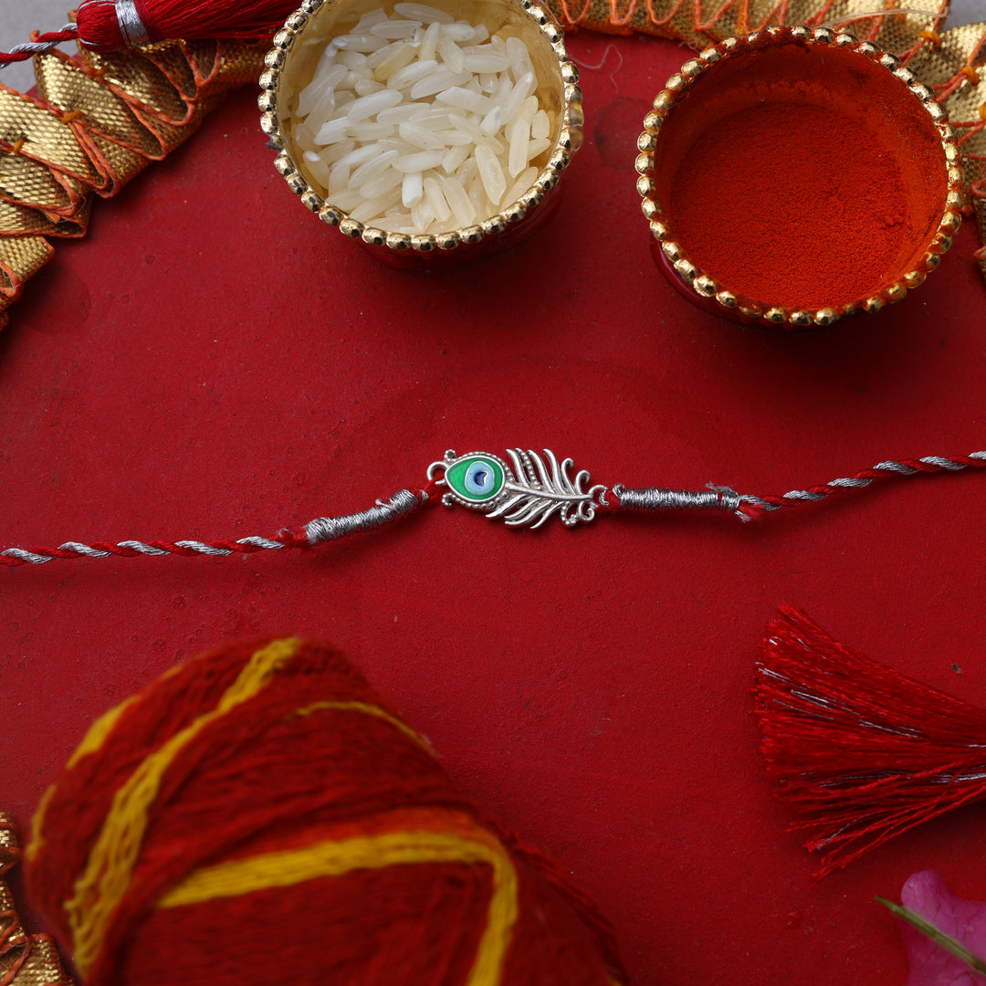 Evil Eye Feather Rakhi in 925 Silver with Zircon for Brother