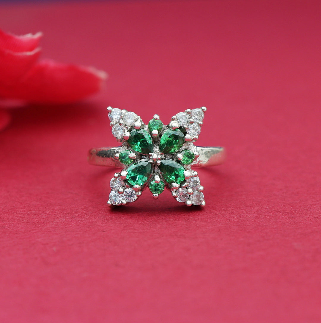 Silver Emerald Flower Ring for Women | Gift Jewelry
