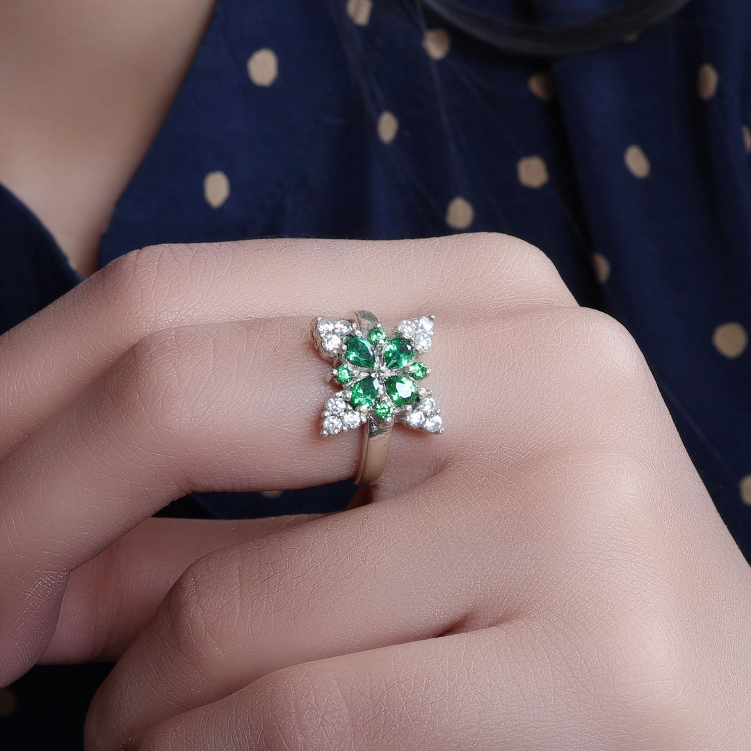 Silver Emerald Flower Ring for Women | Gift Jewelry