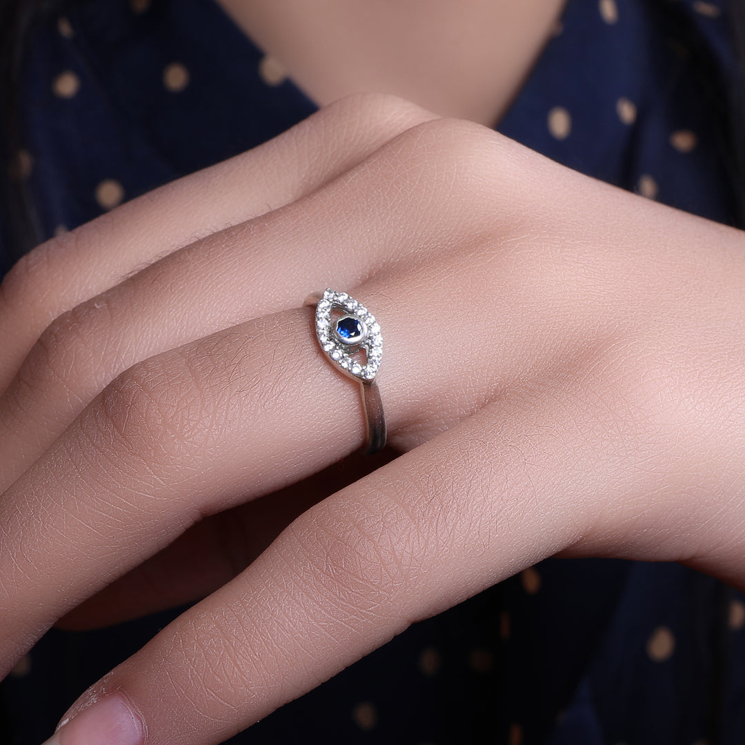 925 Silver Evil Eye Ring with Blue Gemstone for Women