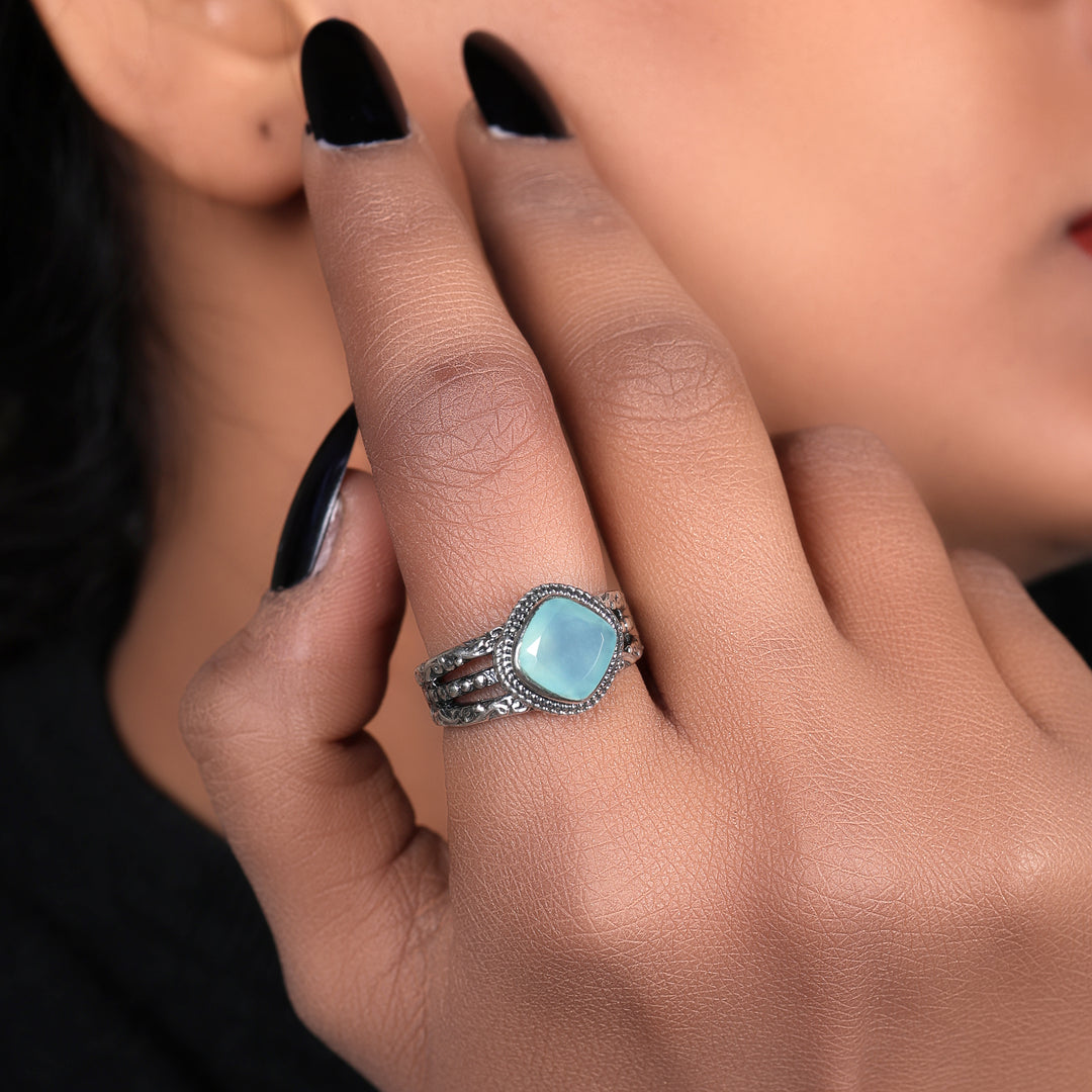 925 Silver Chalcedony Ring for Women | Square Stone Jewelry