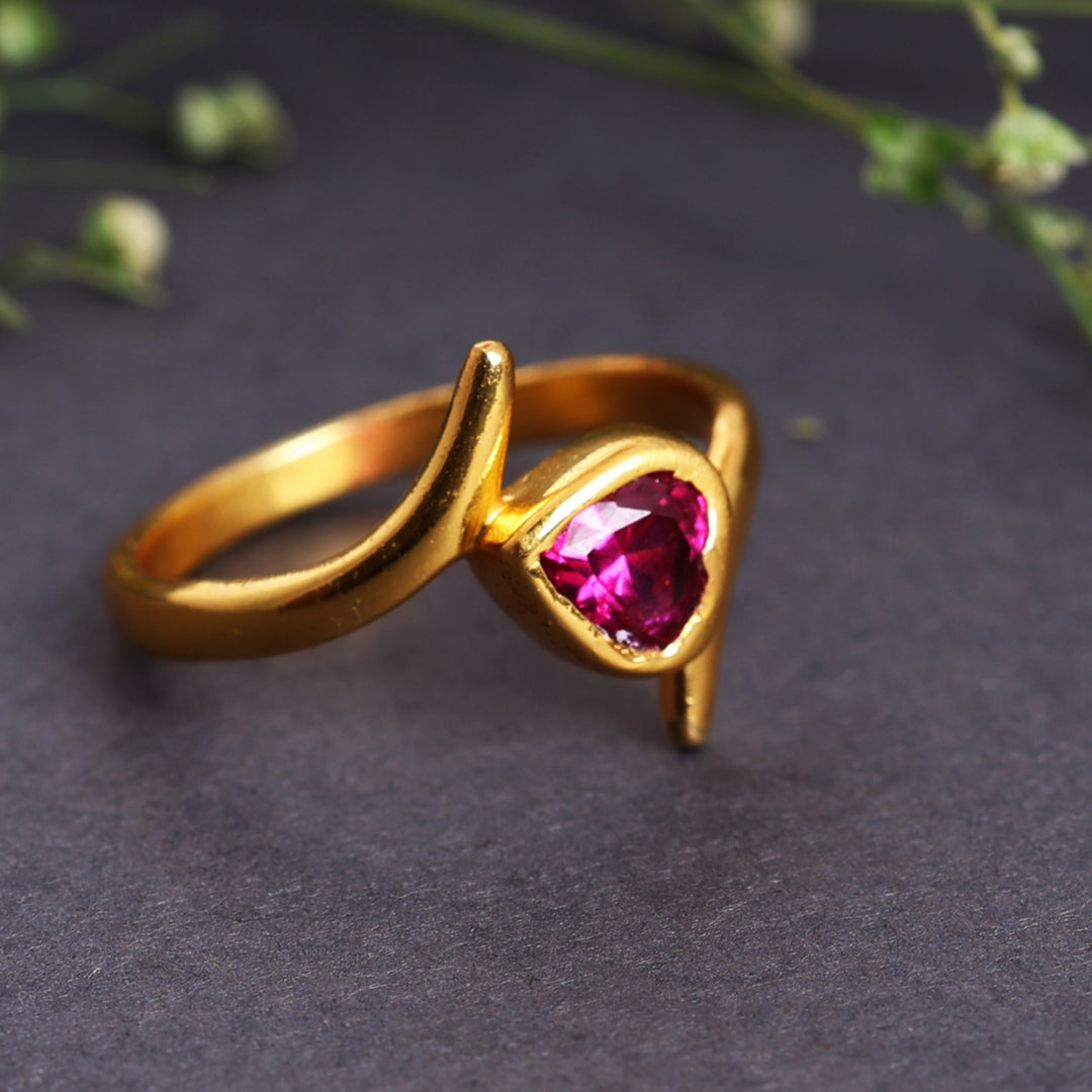 Gold-Plated Adjustable Ring with Pear Ruby Stone for Women