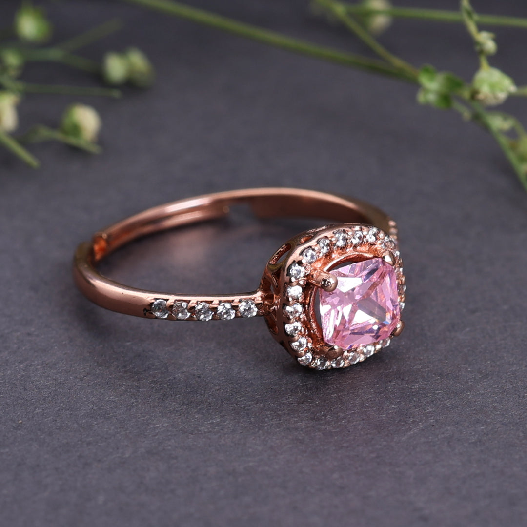 Rose Gold Plated Adjustable Ring with Pink Cushion Cut Stone and Halo
