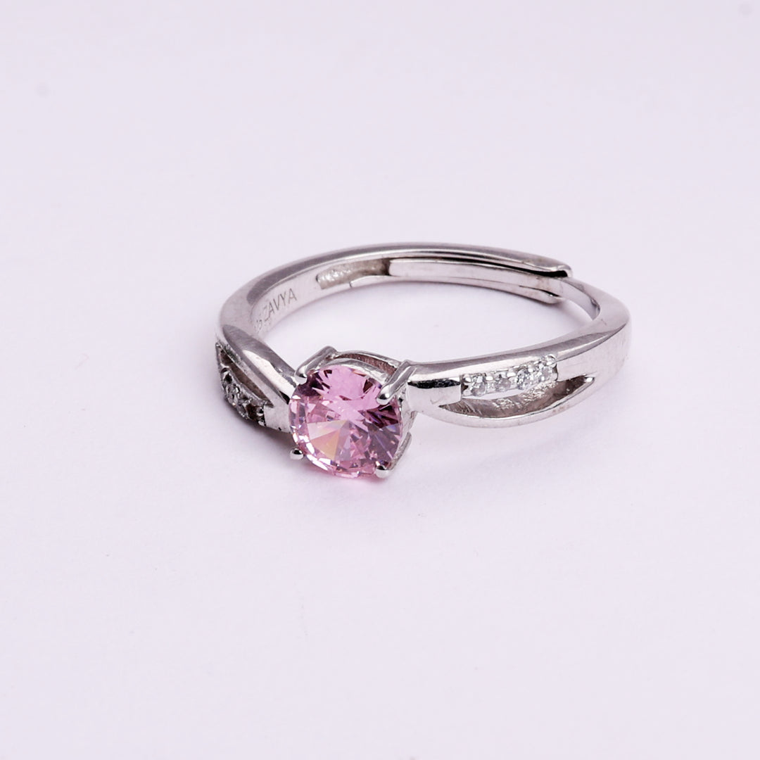 925 Sterling Silver Adjustable Ring with Pink Solitaire Cubic Zirconia