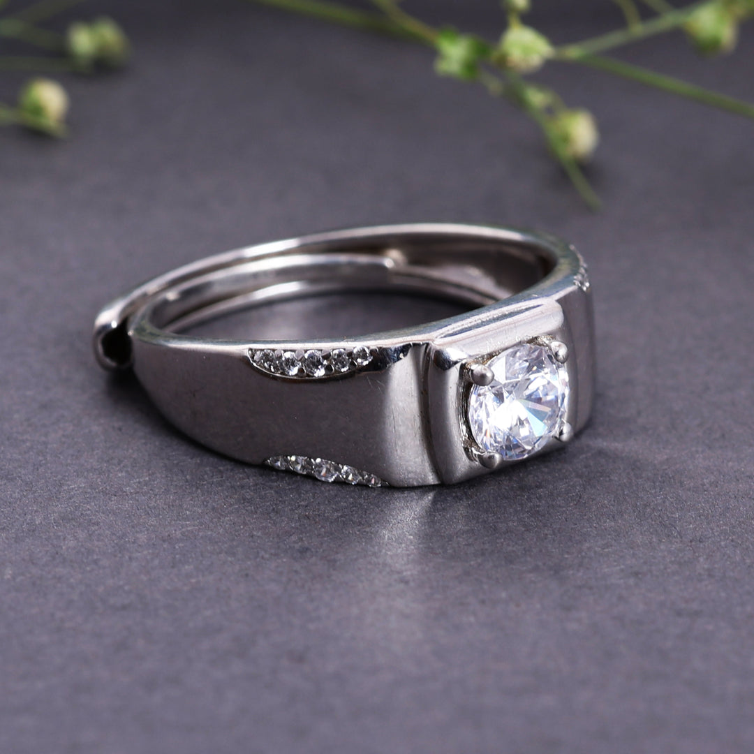Sterling Silver Men's Band Ring with Solitaire and Accent Diamonds
