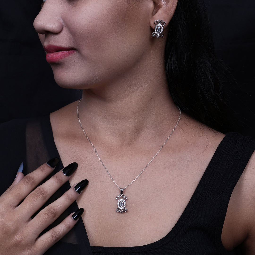 925 Silver Blue Gemstone Necklace & Earrings Set for Women