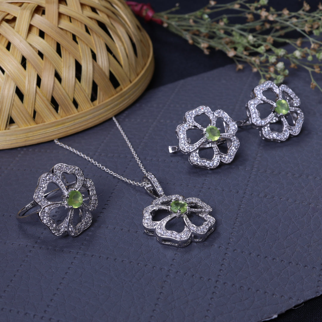 925 Silver Flower Jewelry Set with Green Gemstone | Gift for Her