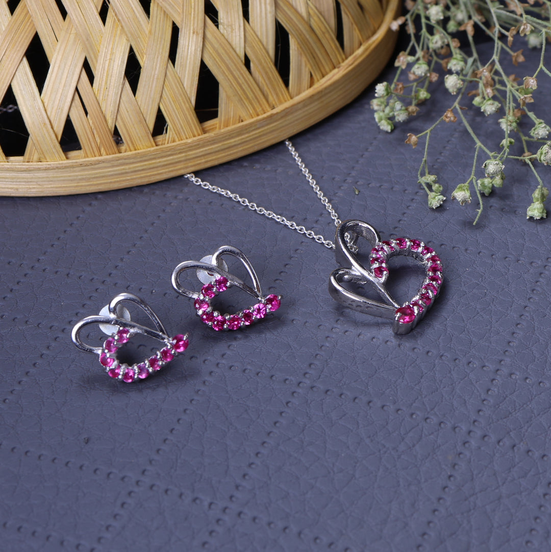 925 Silver Heart Earrings & Necklace Set | Ruby Jewelry for Women