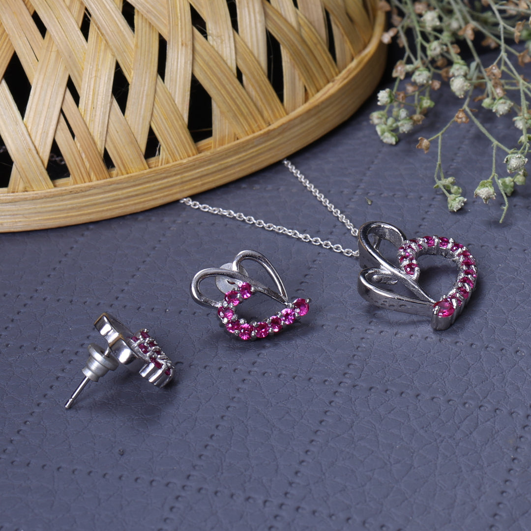 925 Silver Heart Earrings & Necklace Set | Ruby Jewelry for Women