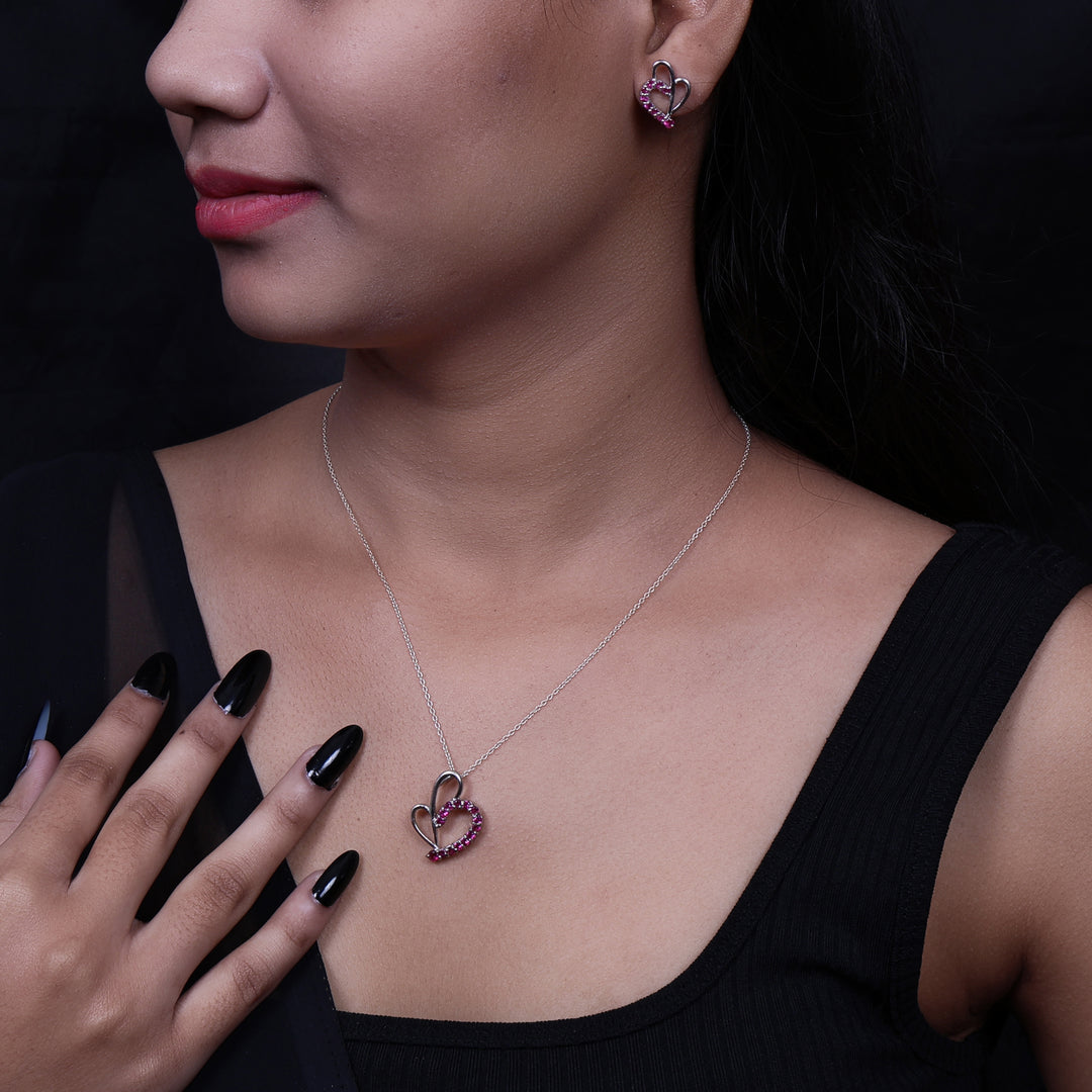 925 Silver Heart Earrings & Necklace Set | Ruby Jewelry for Women