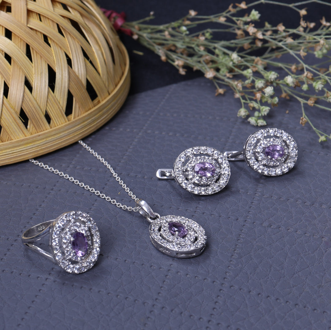 925 Silver Amethyst Jewelry Set | Stud Earrings, Pendant, Ring