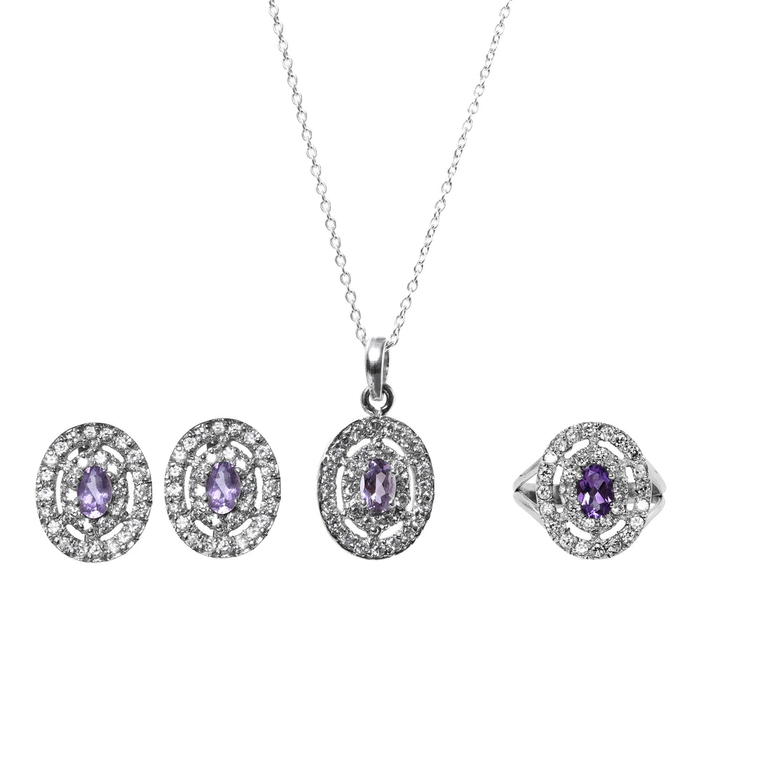 925 Silver Amethyst Jewelry Set | Stud Earrings, Pendant, Ring