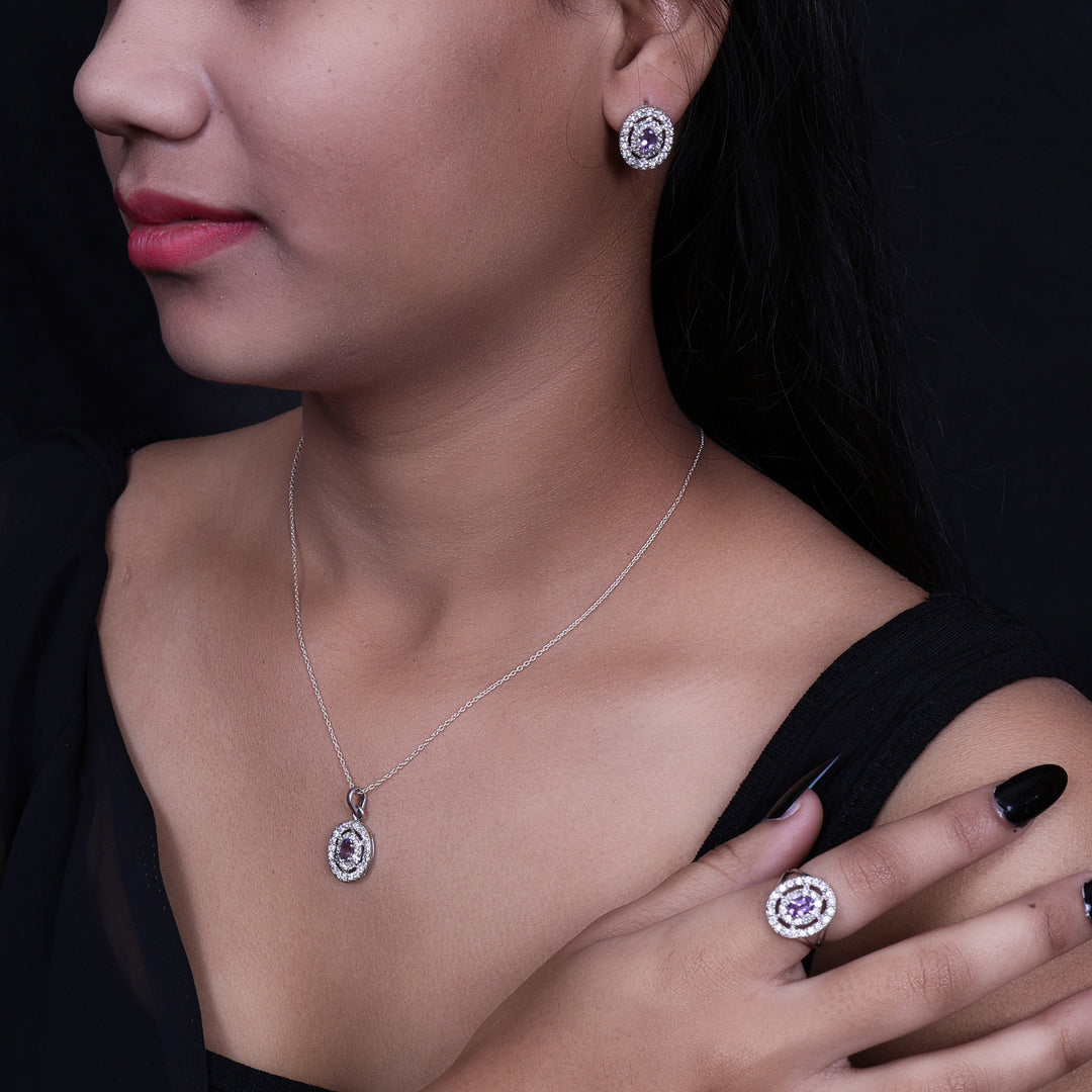 925 Silver Amethyst Jewelry Set | Stud Earrings, Pendant, Ring