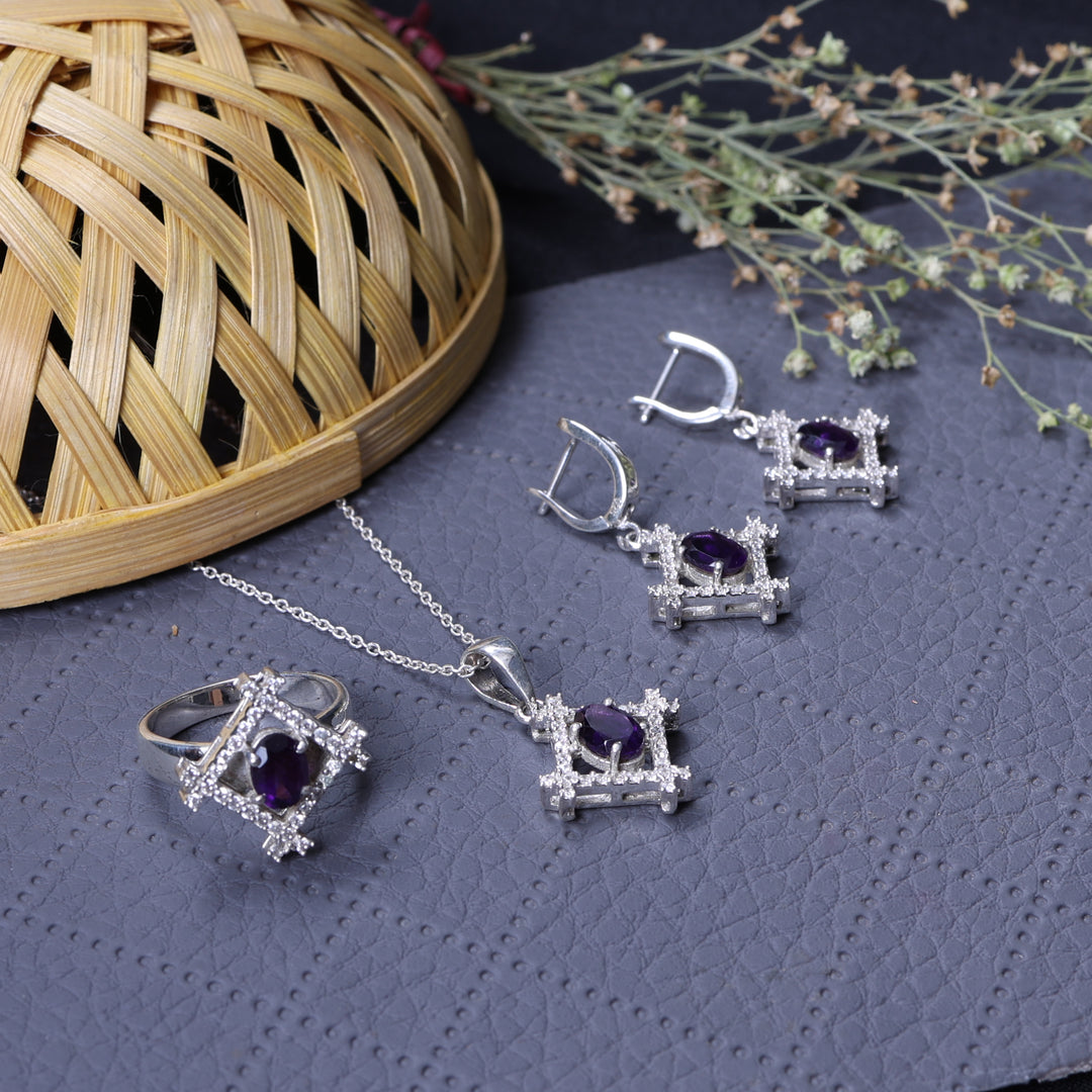 925 Silver Amethyst Jewelry Set | Oval Gemstone Set for Women
