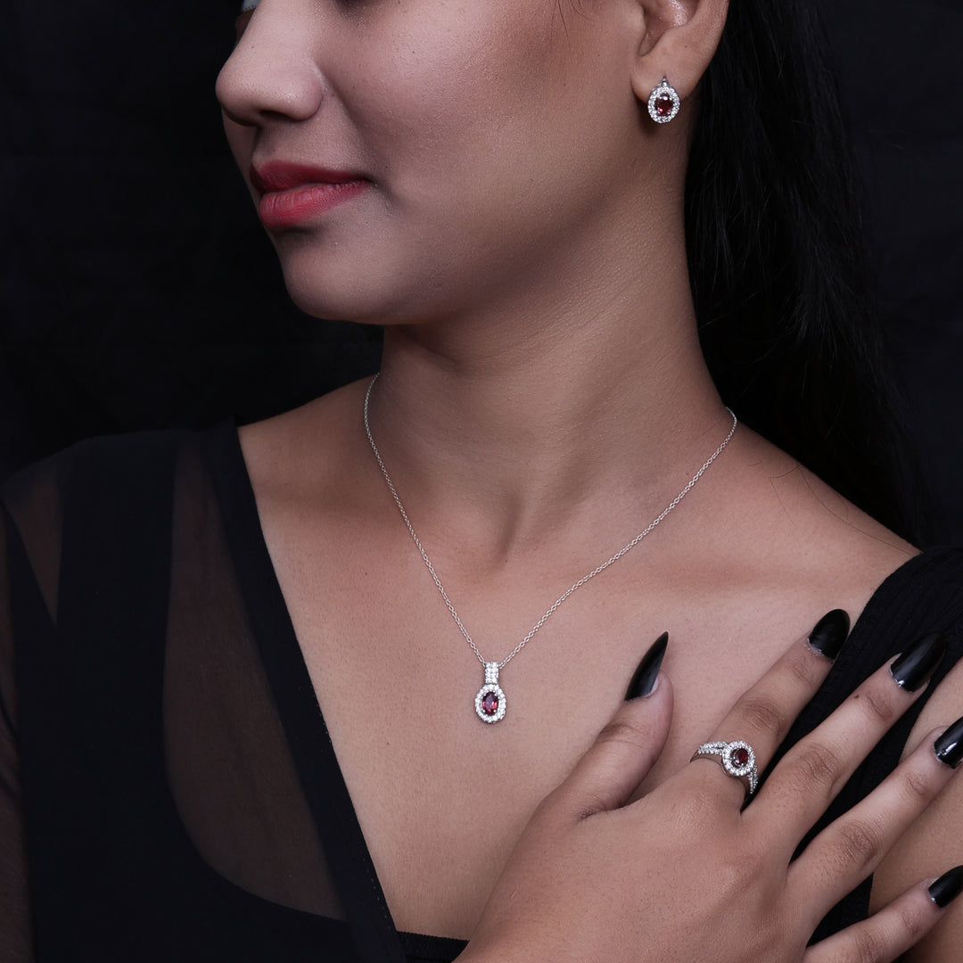 Silver Ruby Jewelry Set | Earrings, Necklace, Ring | Gift