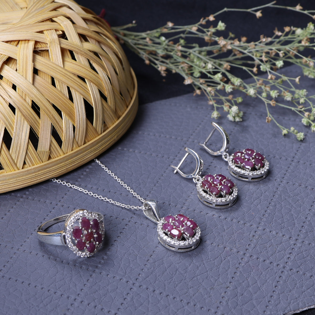 925 silver ruby jewelry set | earrings, necklace & ring for women