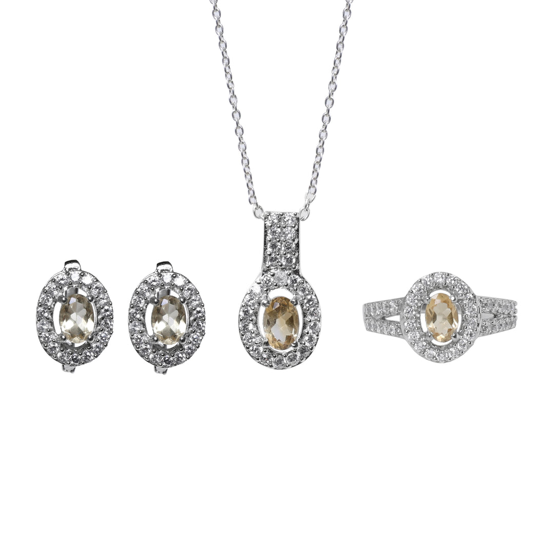 Silver Citrine Jewelry Set | Earrings, Pendant, Ring for Women