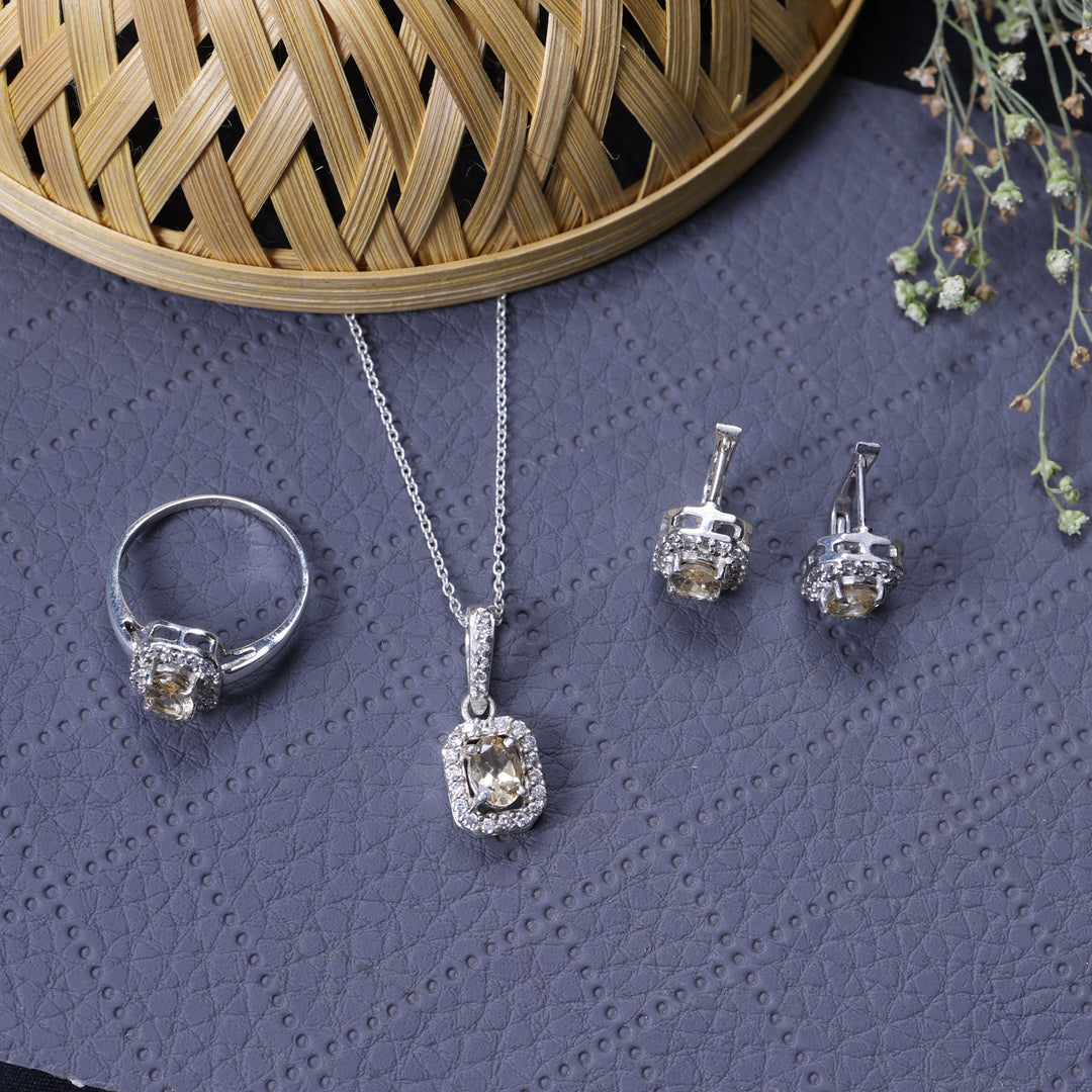 Silver Citrine Jewelry Set | Earrings, Necklace & Ring for Women