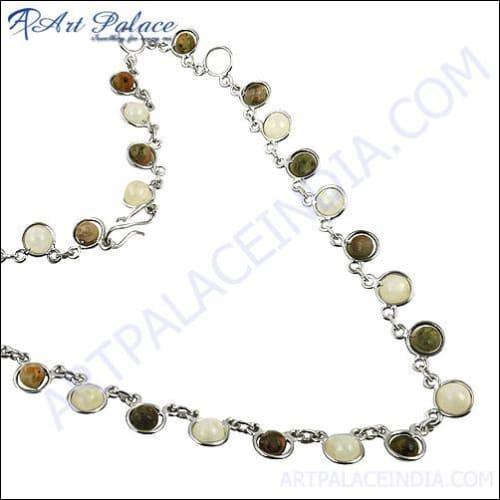 Leopard Skin, Jasper & Rainbow Moonstone Gemstone Silver Necklace Comfy Necklace Handmade Necklace