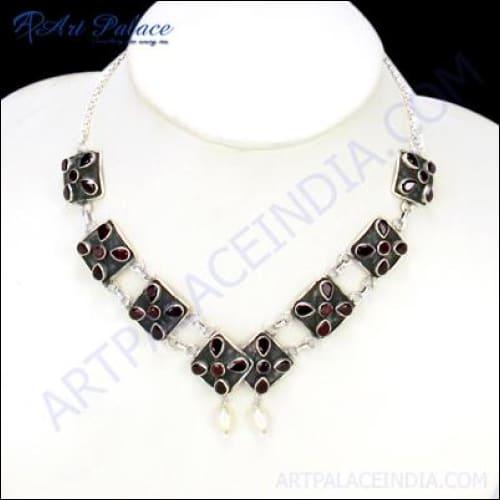  Garnet & Pearl Gemstone Silver Necklace Wonderful Necklace Gemstone Necklace Adjustable Necklace