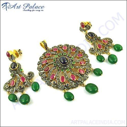 Emerald And Ruby Victorian Diamond Jewellery Set Party Wear Victorian Jewellery Set

