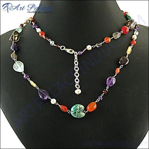 Natural Multi Gemstone Beaded Silver Necklace
