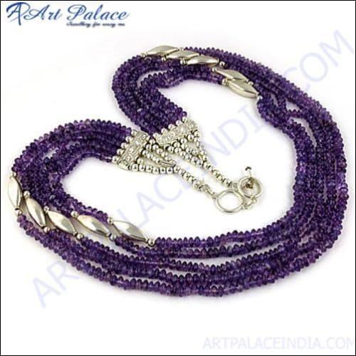 Expensive Looking Amethyst Gemstone Beaded Silver Necklace
