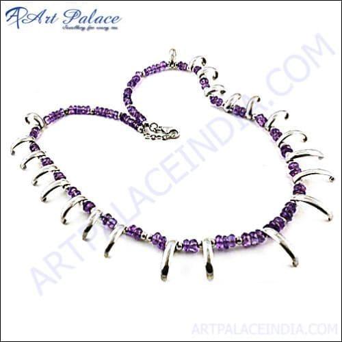 Amethyst Gemstone Beaded Silver Necklace