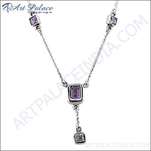 "Square Shape Amethyst Gemstone Silver Necklace 