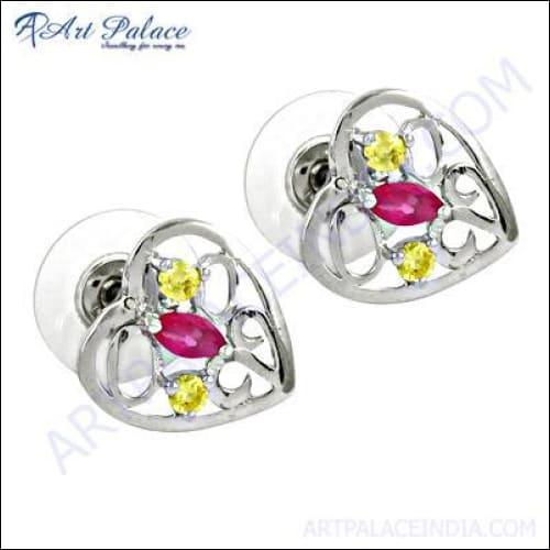 Lemon Quartz & Pink Glass Silver Stud Earrings Stunning Cz Earring Heart Design Earring