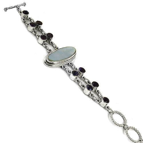Amethyst & Mother of Pearl Silver Bracelet Handmade Gemstone Bracelet Fashionable Bracelet