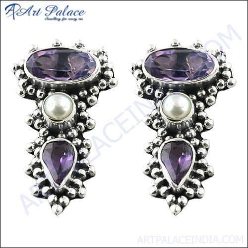 Amethyst & Pearl Gemstone Silver Ethnic Earring Ethnic Gemstone Earrings 925 Silver Earring