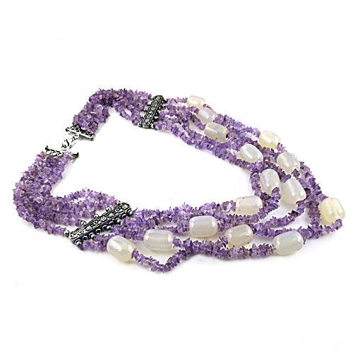 Amethyst and White Chalcedony Beaded Necklace  Solid Beaded Necklace Beaded Silver Necklace