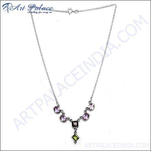 Amethyst Garnet & Peridot Silver Necklace Energy Gemstone Necklace Expensive Looking Necklace