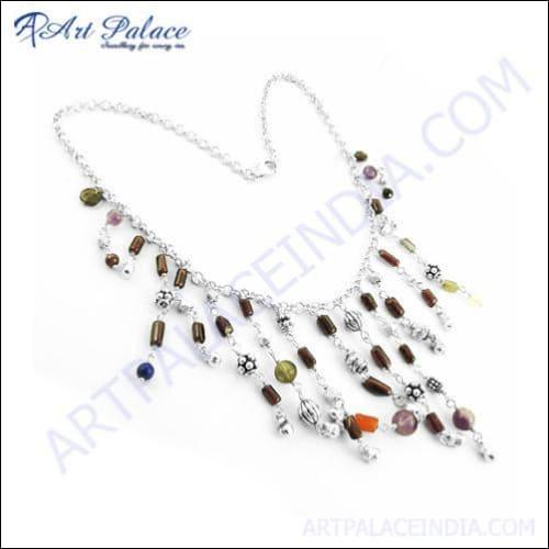 Multi Stone Beaded Silver Necklace Colourful Multi Stone Necklace Handmade Necklace