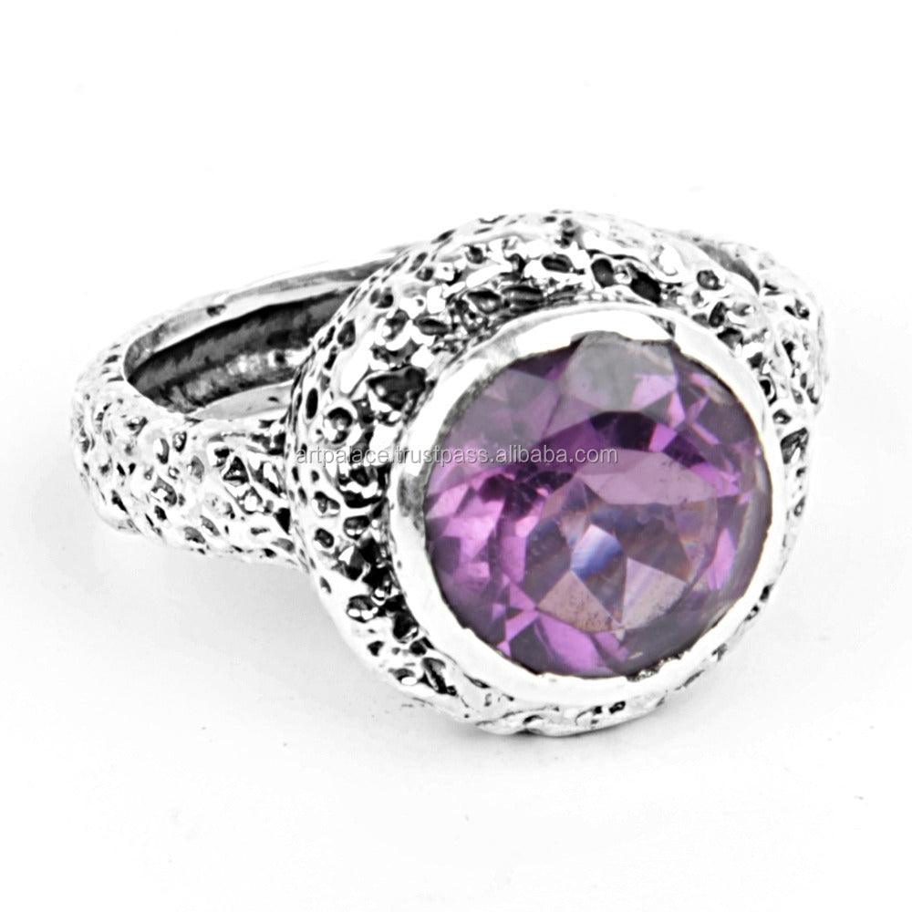 Amethyst Gemstone Ring Round Cutstone Silver Ring Antique Gemstone Ring