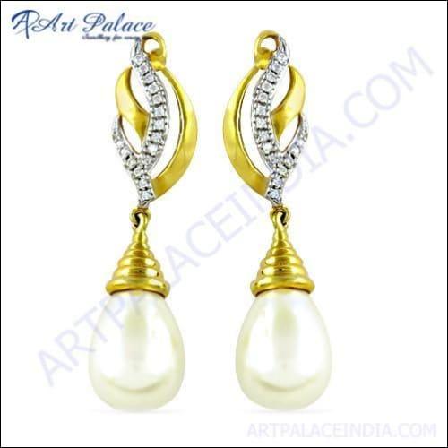 Glamorous Earring Party Wear Cz Earring Cubic Zirconia & Pearl Gold Plated Silver Earring