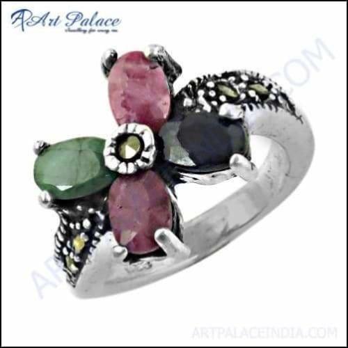  Emerald & Gun Metal & Ruby & Sapphire Gemstone Silver Ring Natural Gemstone Marcasite Ring 