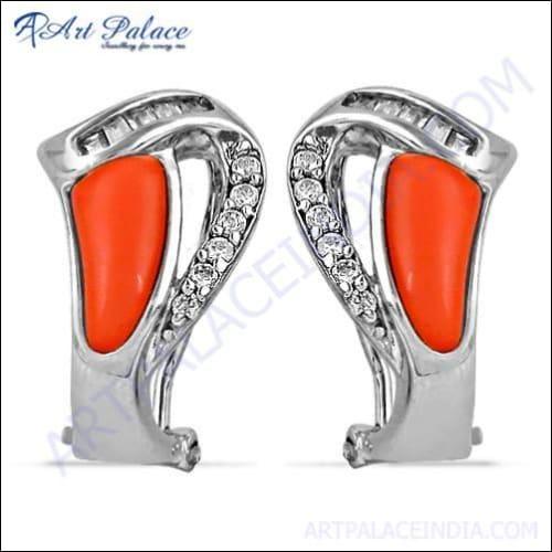 Coral & Cubic Zirconia Gemstone Silver Earring 925 Sterling Silver Earring Party CZ Earrings