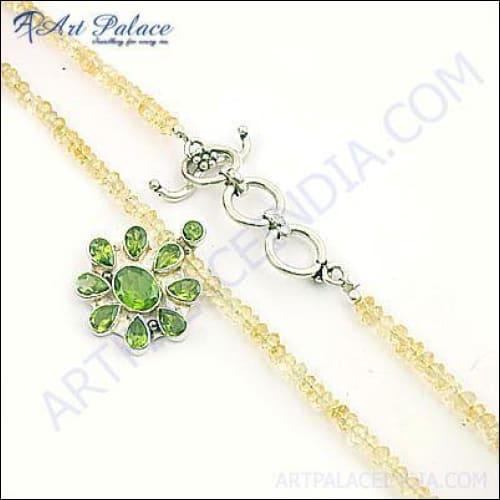 Antique Style Citrine & Peridot Gemstone Silver Necklaces