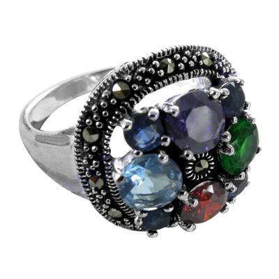 Antique Style Colorful Gemstones 925 Silver Ring Fantastic Marcasite Gemstone Rings Adorable Rings
