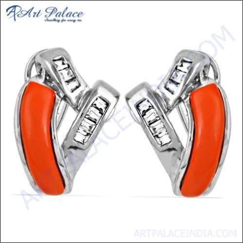 Antique Style Coral & Cubic Zirconia Gemstone Silver Earrings