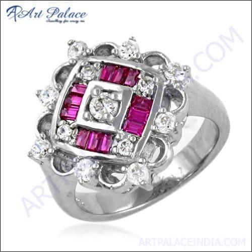 Antique Style Cubic Zirconia & Red Cubic Zirconia Gemstone Silver Ring