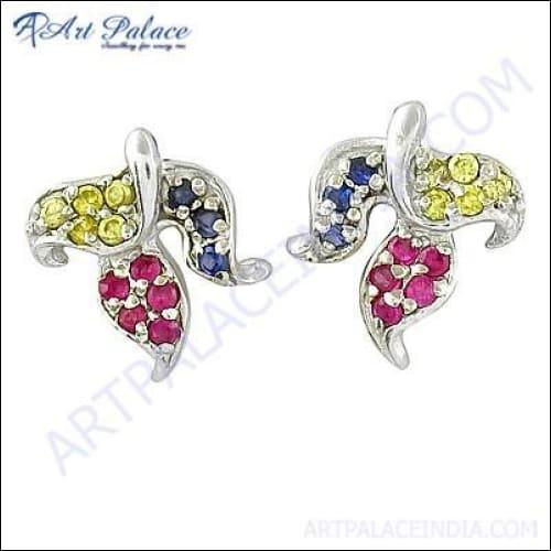 Antique Style Multi Color Cz Gemstone Silver Stud Earrings