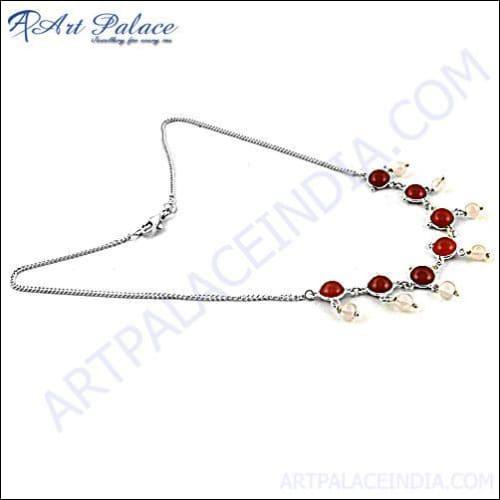 Antique Style Red Onyx & Rose Quartz Gemstone Silver Necklace