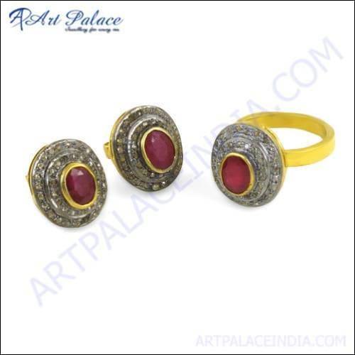 Antique Wedding Diamond & Ruby Gold Plated Silver Earrings & Ring Set Stunning Victorian Sets Fashionable Victorian Sets
