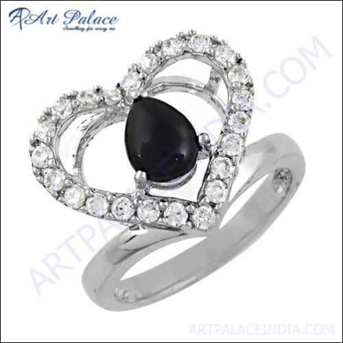 Attention Lover Black Onyx & Cubic Zirconia Gemstone Heart Silver Heart Ring