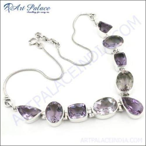 Attractive Amethyst & Crystal Gemstone Silver Necklace Jewelry Impressive Gemstone Necklace Casual Necklace