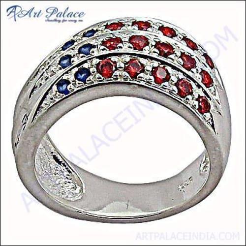 Attractive Blue & Orange Cubic Zirconia Gemstone Silver Ring Fashionable Cz Rings Newest Cz Rings
